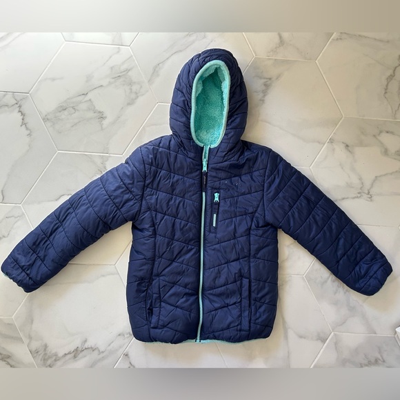 SOFT Eddie Bauer Girls Navy Blue Winter Snow Jacket Reversible Faux Fur Small - Picture 4 of 8